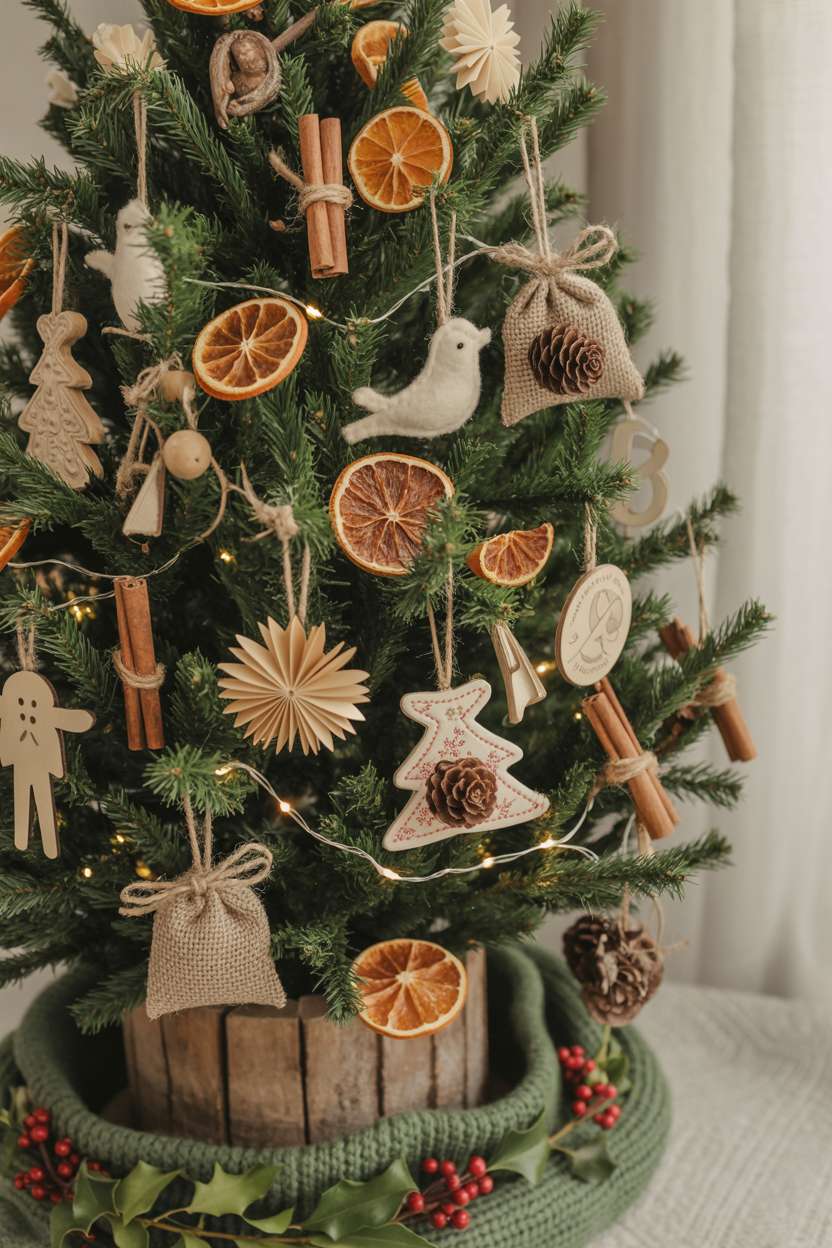 Christmas tree decorated with dried orange slices, cinnamon sticks, wooden toys, paper snowflakes, and felt birds on burlap