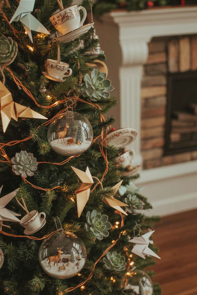 Artistic Christmas tree with vintage teacups, succulent plants, metallic origami cranes, copper fairy lights, and miniature glass terrariums