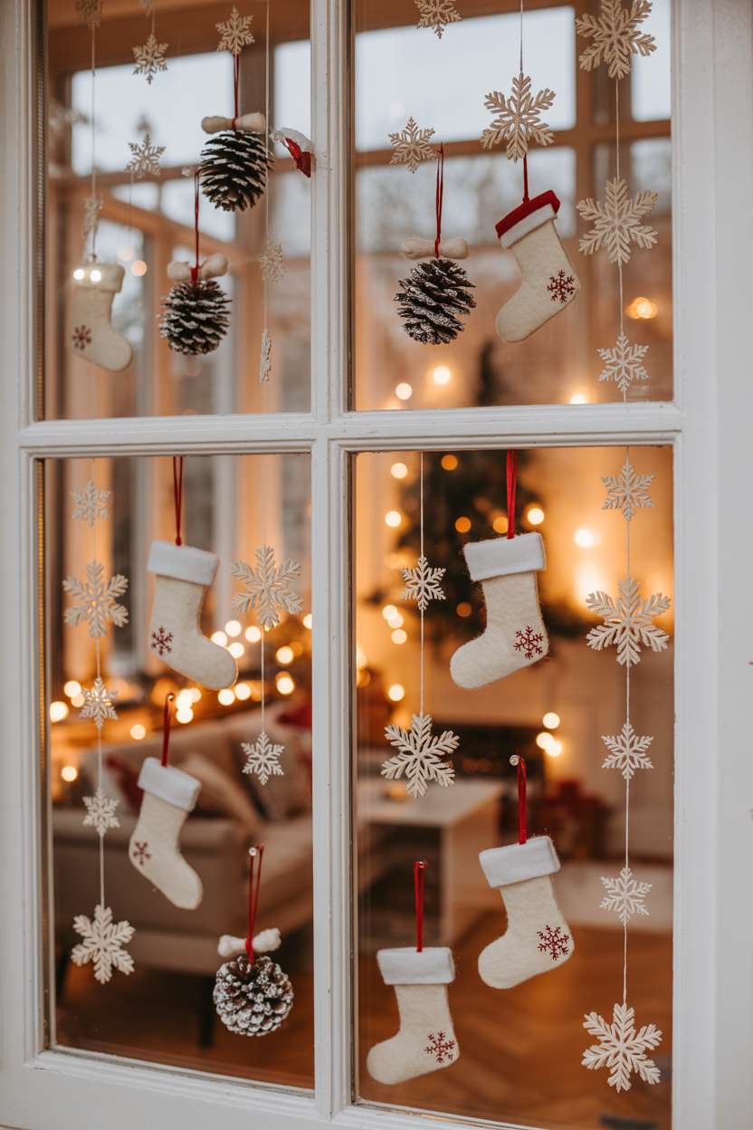 Indoor window decorated with felt stockings, glittered pine cones, and paper snowflakes with warm lighting