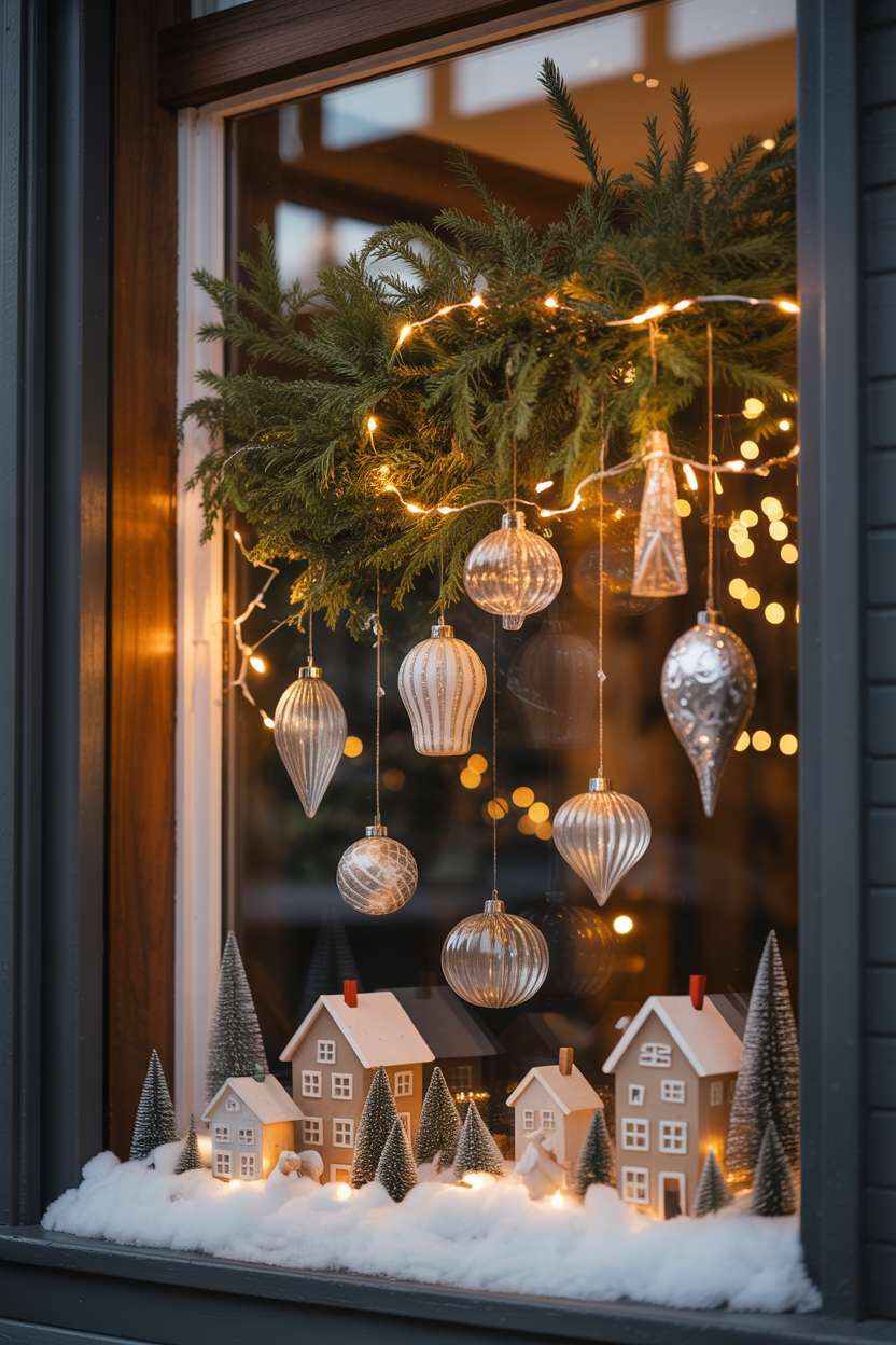 Window display featuring glass ornaments hanging from evergreen branch with fairy lights and miniature village