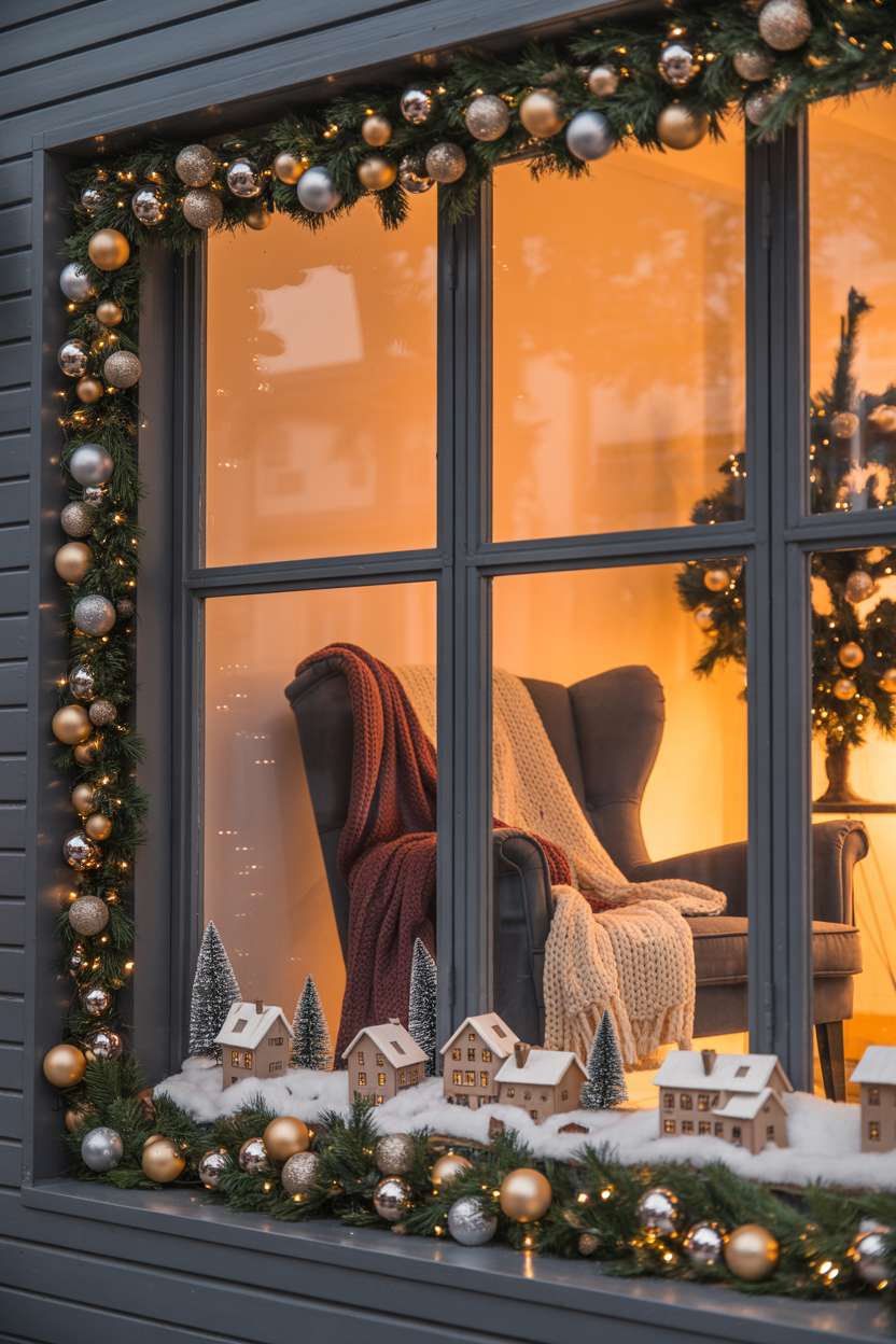 Living room window with silver and gold garland, miniature village, and cozy armchair with knit blanket