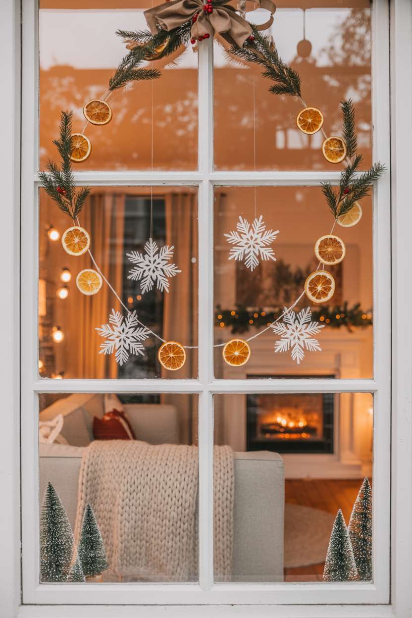 Window adorned with paper snowflakes, miniature pine trees, and dried orange garland