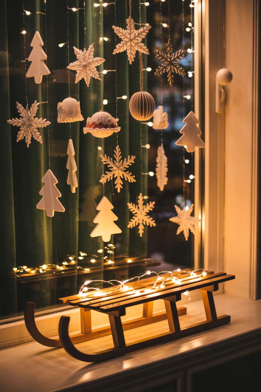 Paper snowflakes and felt ornaments hanging against dark green velvet curtain with vintage sled