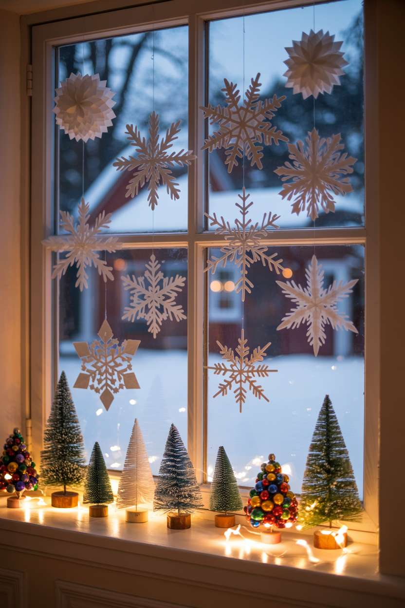 Snow-covered window with suspended paper snowflakes and miniature Christmas trees on windowsill