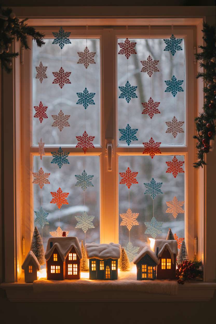 Living room window with colorful paper snowflakes and glowing miniature village