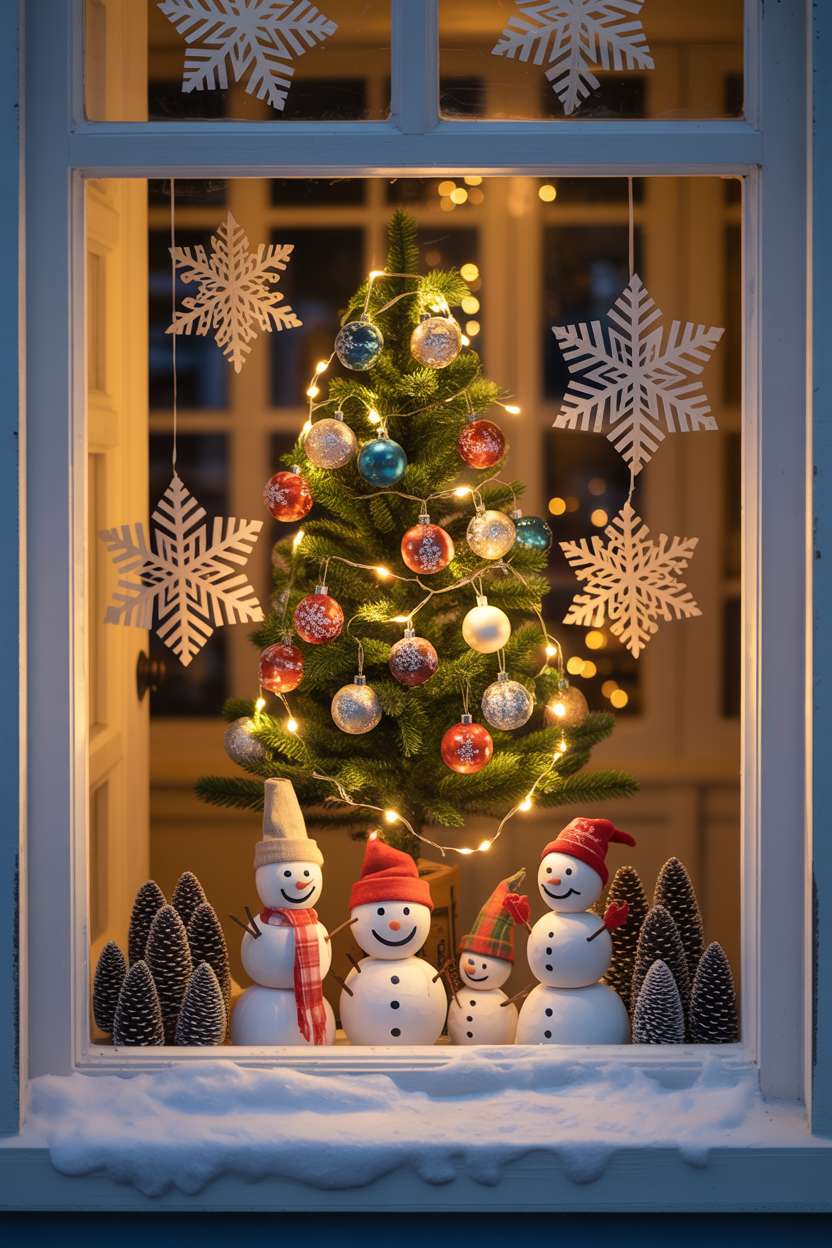 Window featuring miniature evergreen tree with painted pinecone snowmen and fairy lights
