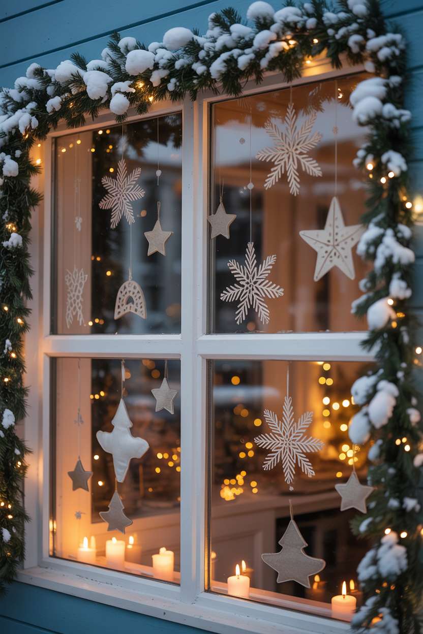 Window framed with snow-dusted greenery, handmade ornaments, and twinkling fairy lights