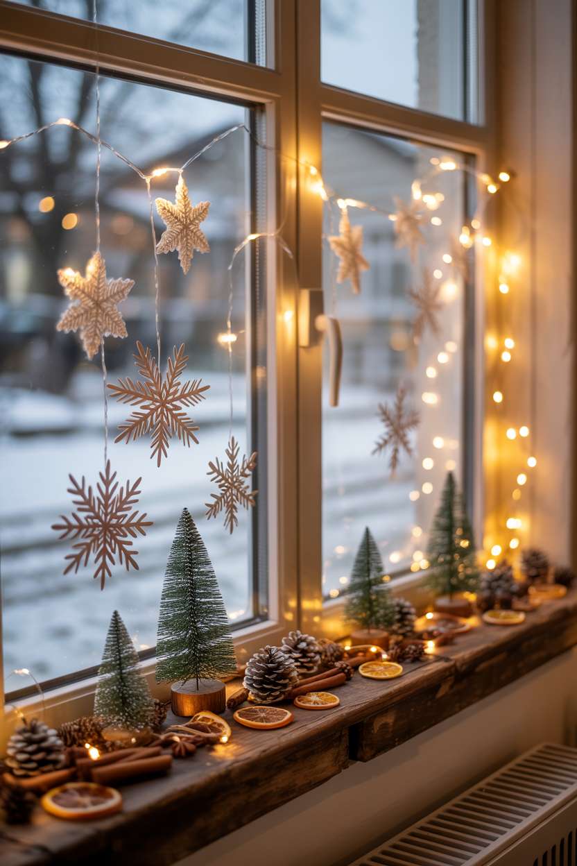 Wooden windowsill with fairy lights, paper snowflakes, pinecones, dried oranges, and cinnamon sticks