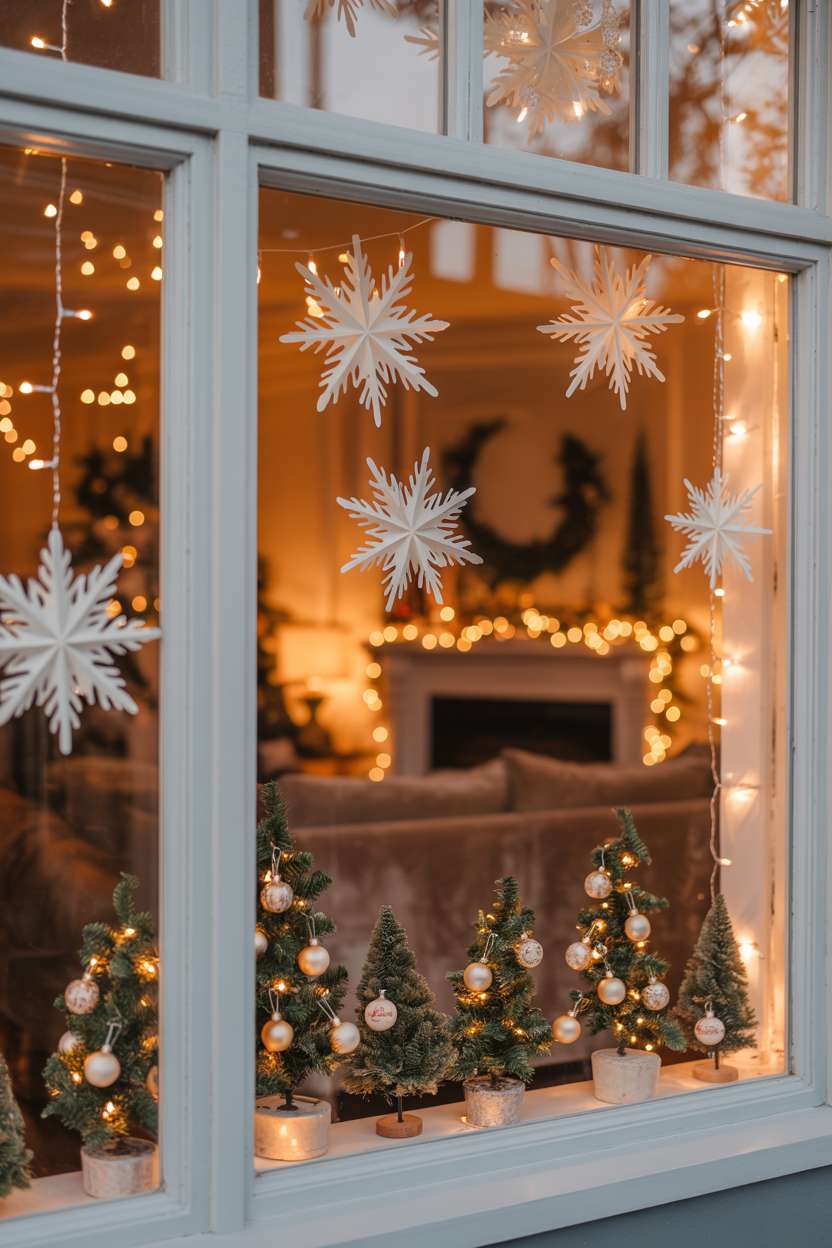 Window display with paper snowflakes and miniature trees, showing plush velvet sofa and fireplace inside