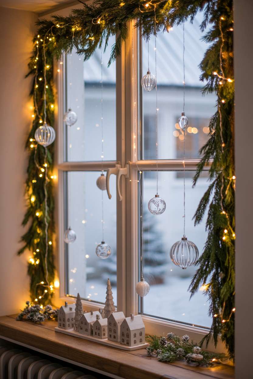 Indoor window with fairy lights, green garland, glass ornaments, and miniature snow village