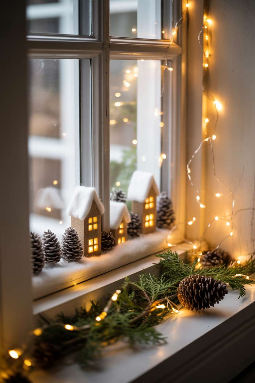 White-framed window with pinecone and felt village scene and twinkling fairy lights