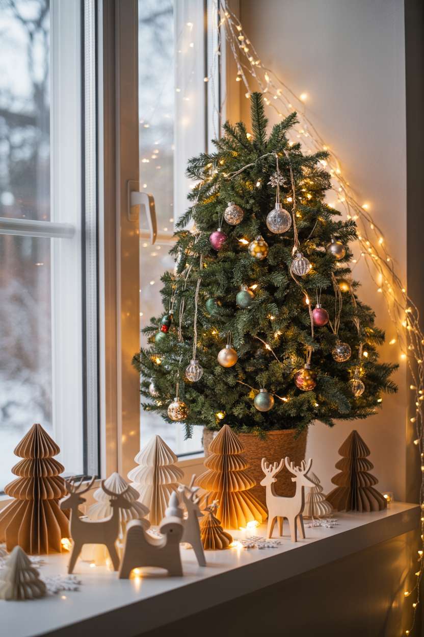 Modern living room window with decorated fir tree, paper snowflakes, and wooden reindeer