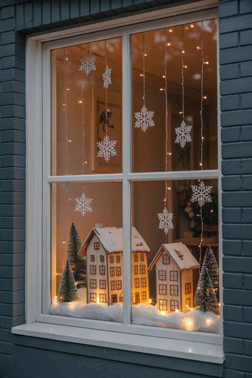 Window with hand-crafted wooden village, miniature pine trees, and hanging paper snowflakes