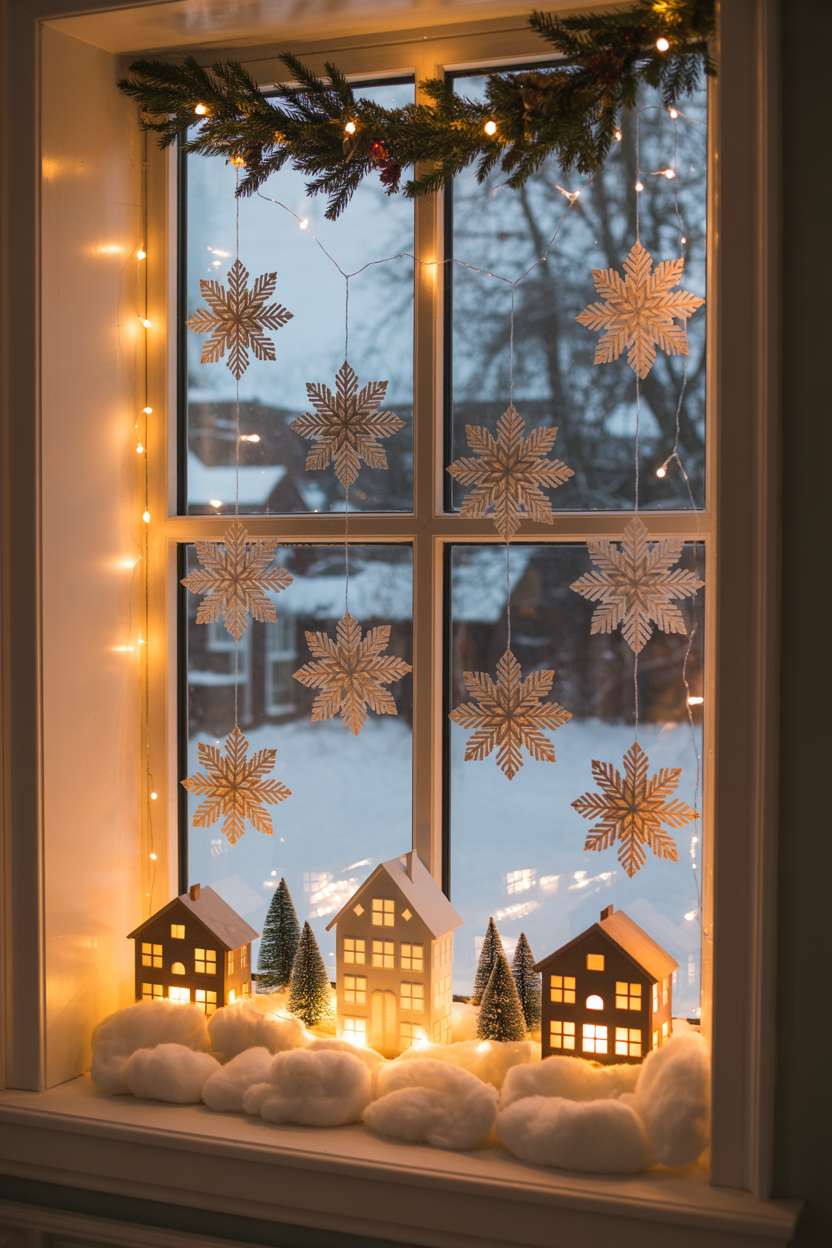 Window with paper snowflakes, pine garlands, and miniature village with cotton snow