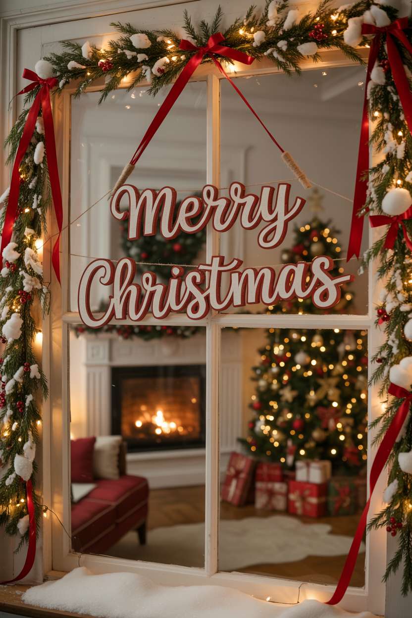 Living room window with snow-covered evergreens, fairy lights, red ribbons, and Merry Christmas sign