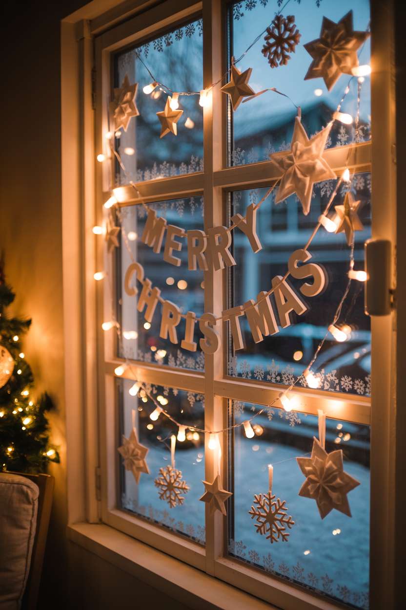Window with felt snowflakes, paper stars, and wooden Merry Christmas letters