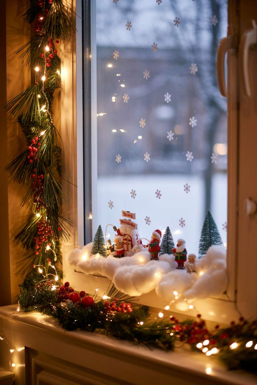 Window with miniature Santa's Workshop scene made from cotton and glitter