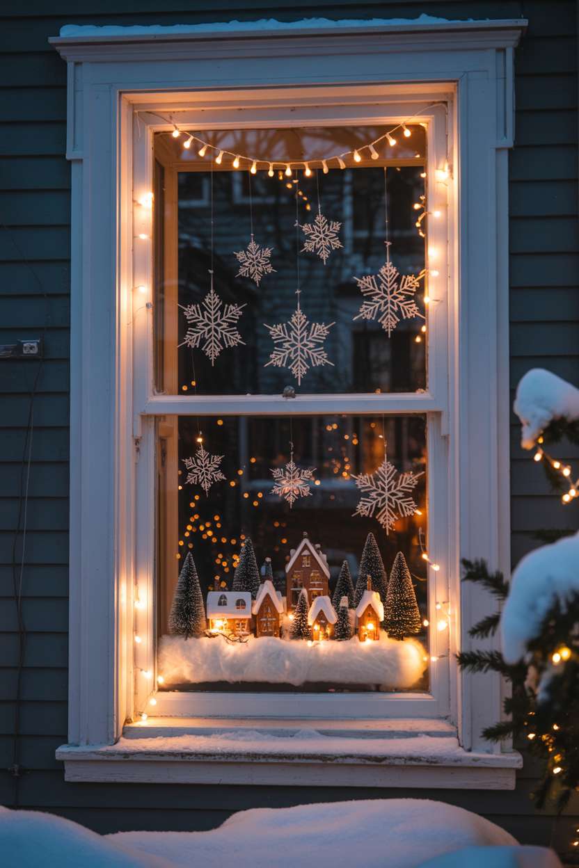 Victorian home window with miniature village, paper snowflakes, and vintage Christmas lights