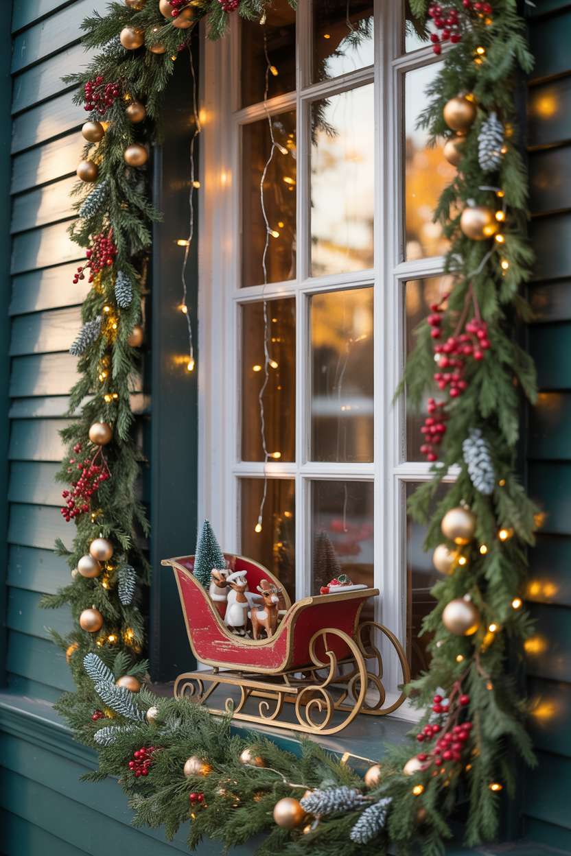 Victorian home window with evergreen garlands, red berries, golden baubles, and miniature sleigh