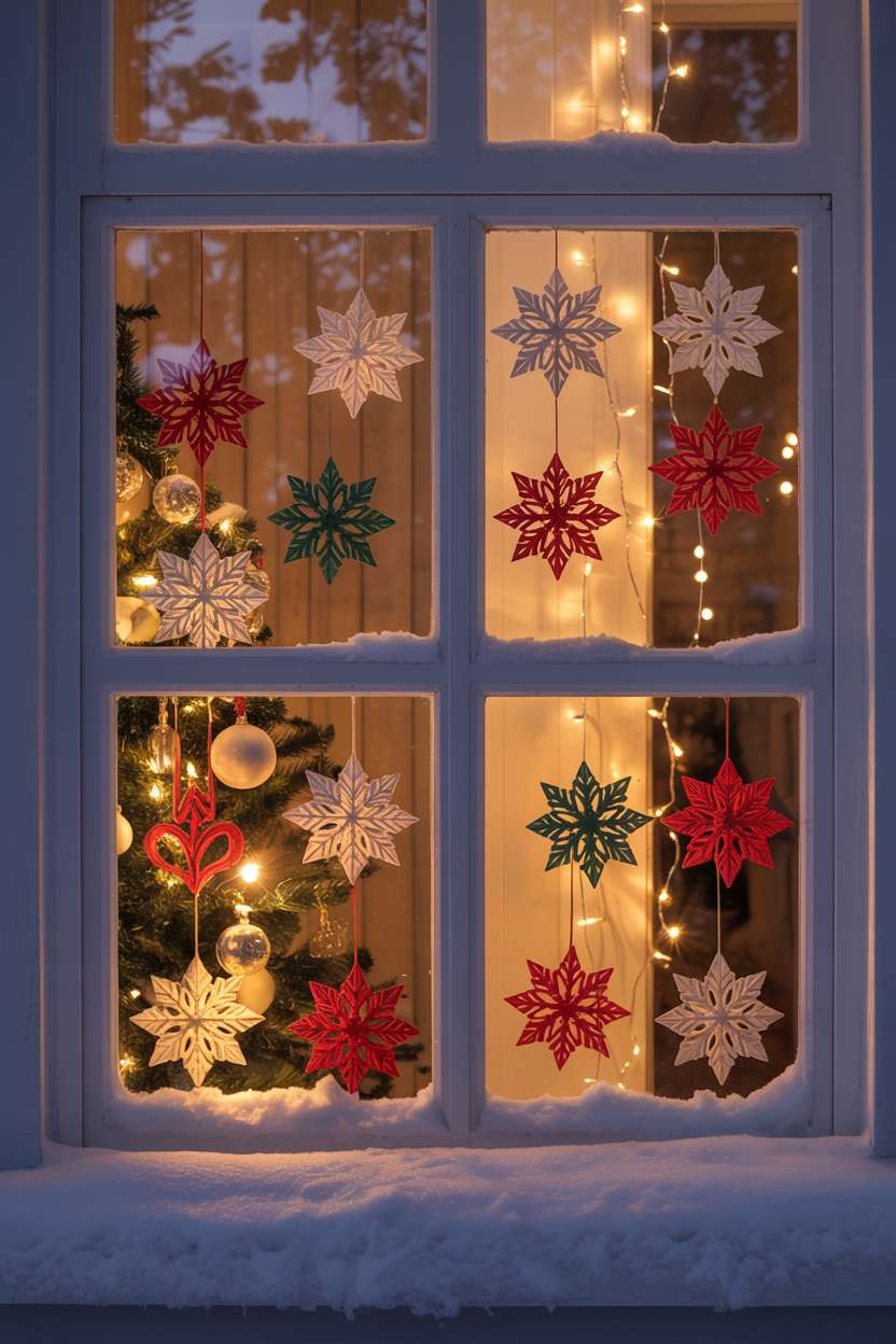 Window with handmade paper snowflakes, felt ornaments, and antique glass Christmas tree