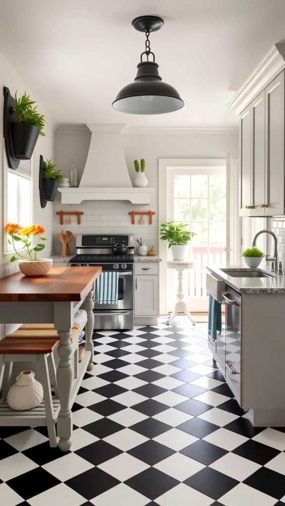 A cozy farmhouse kitchen with classic checkerboard flooring.