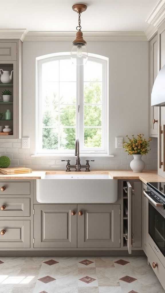 A classic farmhouse sink in a stylish kitchen with dark wood cabinets and elegant decor.