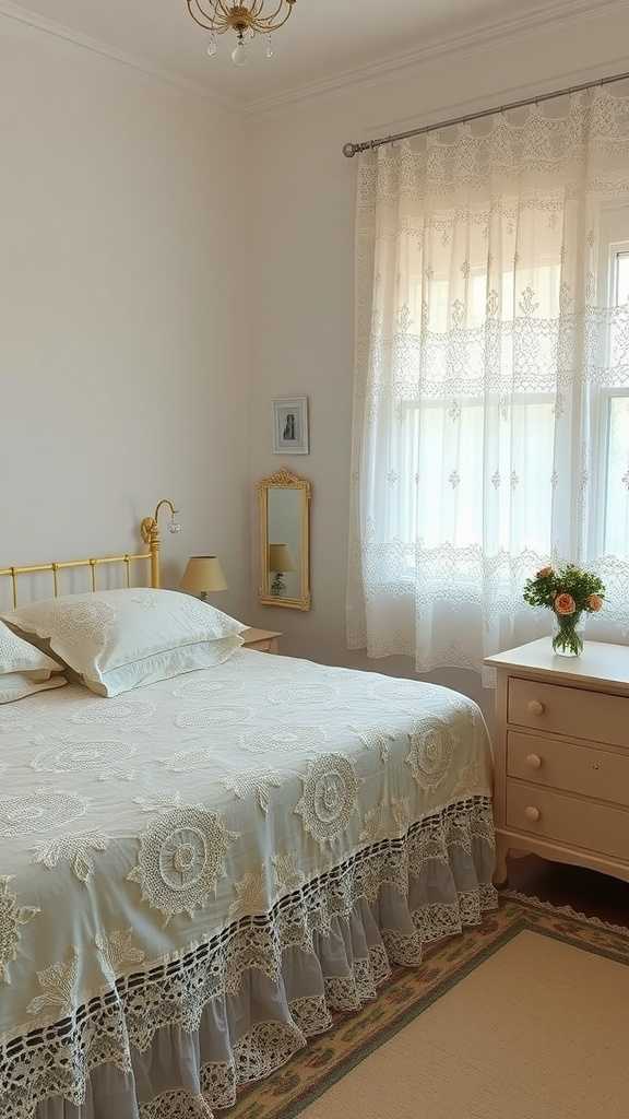 A vintage bedroom featuring lace accents on bedding and curtains.