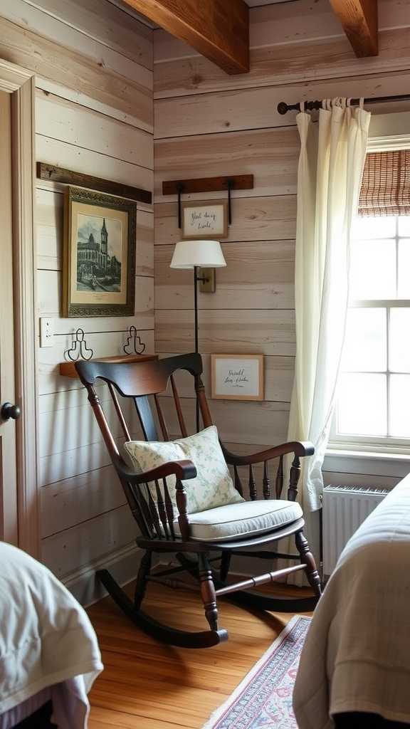 A rustic rocking chair placed beside a window with soft curtains in a cozy bedroom.