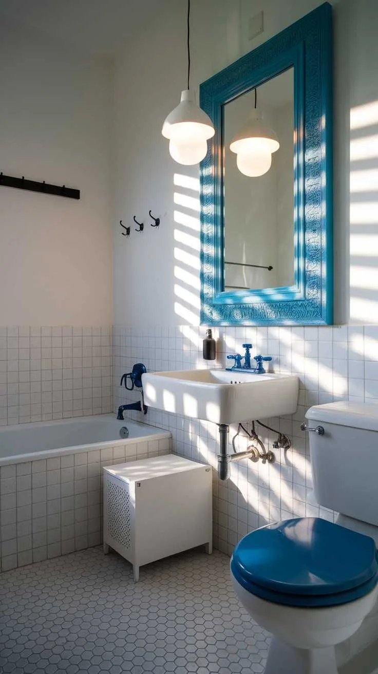 13 Blue and White Bathroom Ideas for a Fresh Look 7 A classic white bathtub in a blue walled bathroom with natural light and a plant.