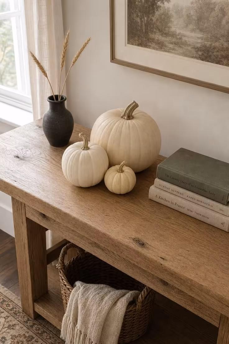 15 Classy Fall Decor Ideas That Feel Collected and Warm 1 Matte white pumpkins in varying sizes clustered on a raw oak console table with dried wheat in a stoneware vase