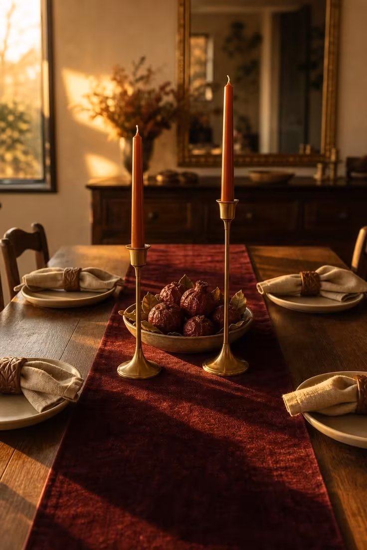 15 Classy Fall Decor Ideas That Feel Collected and Warm 2 Burgundy velvet table runner on a walnut dining table with brass candle holders and stoneware plates set for fall dinner