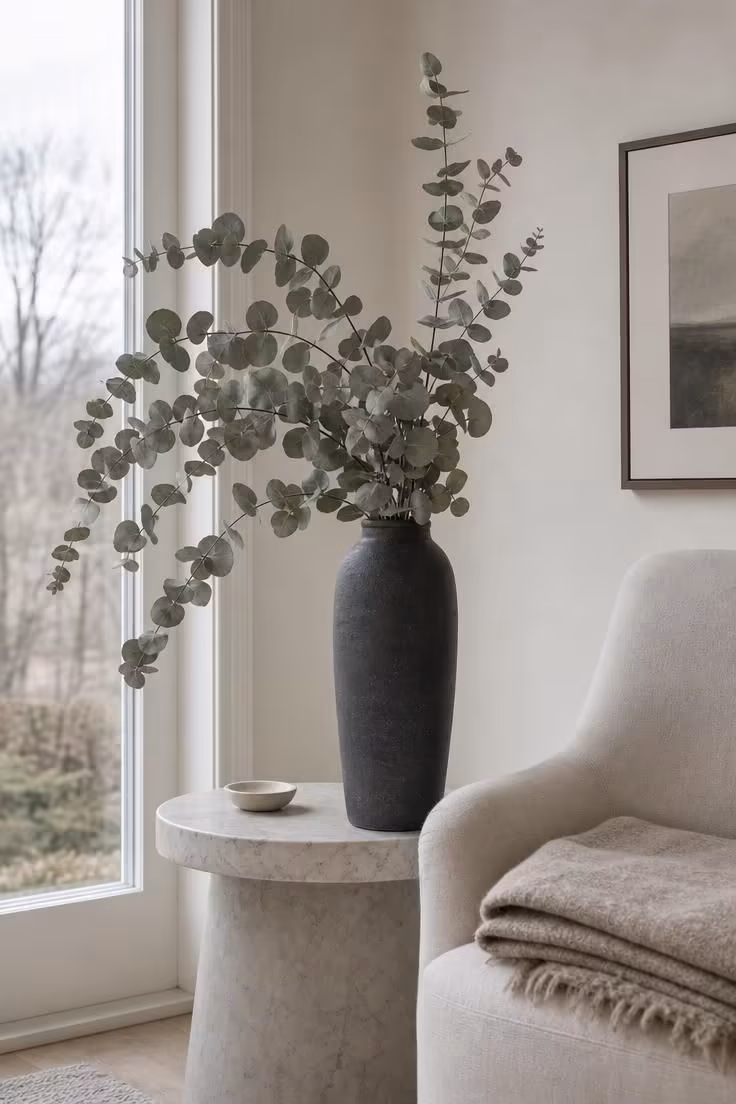 15 Classy Fall Decor Ideas That Feel Collected and Warm 3 Tall charcoal stoneware vase holding dried eucalyptus branches on a marble side table next to a linen armchair