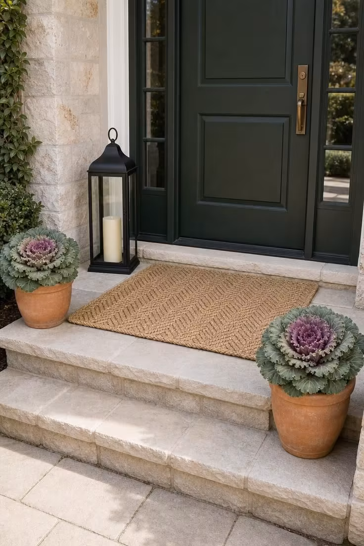 15 Classy Fall Decor Ideas That Feel Collected and Warm 5 Herringbone jute doormat on stone porch steps flanked by terracotta pots of ornamental cabbage and a black iron lantern