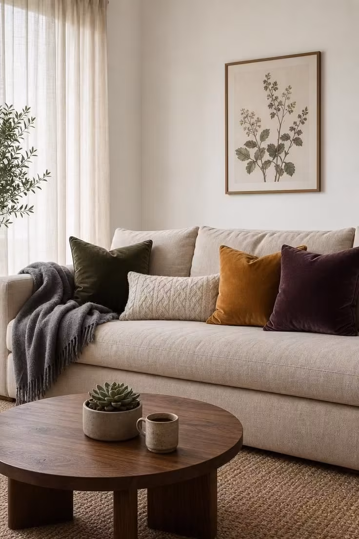 15 Classy Fall Decor Ideas That Feel Collected and Warm 6 Olive, mustard, and plum velvet throw pillows with a cable-knit lumbar on an oatmeal linen sofa