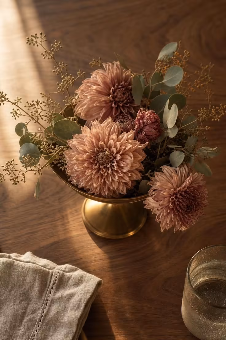 15 Classy Fall Decor Ideas That Feel Collected and Warm 7 Low brass compote dish with dried blush dahlias and seeded eucalyptus on a walnut dining table in golden light