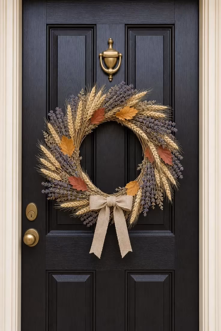 15 Classy Fall Decor Ideas That Feel Collected and Warm 9 Minimalist fall wreath of dried wheat and lavender tied with linen ribbon on a dark stained front door