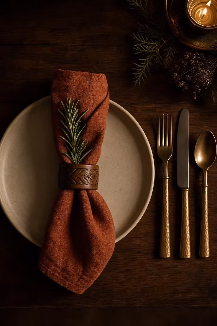 15 Classy Fall Decor Ideas That Feel Collected and Warm 10 Burnt sienna linen napkin rolled through a wooden ring on a stoneware plate with a sprig of rosemary