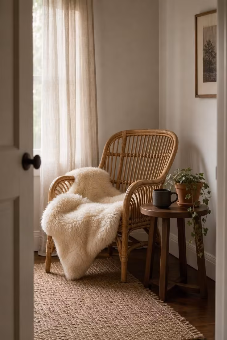 15 Classy Fall Decor Ideas That Feel Collected and Warm 11 Cream faux sheepskin draped over a rattan accent chair beside a walnut side table with stoneware mug