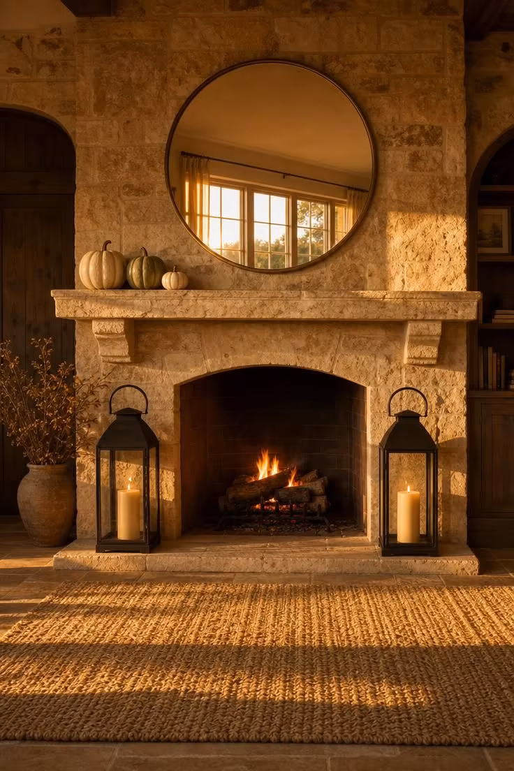 15 Classy Fall Decor Ideas That Feel Collected and Warm 12 Oversized matte black lanterns with beeswax pillar candles flanking a sandstone fireplace hearth