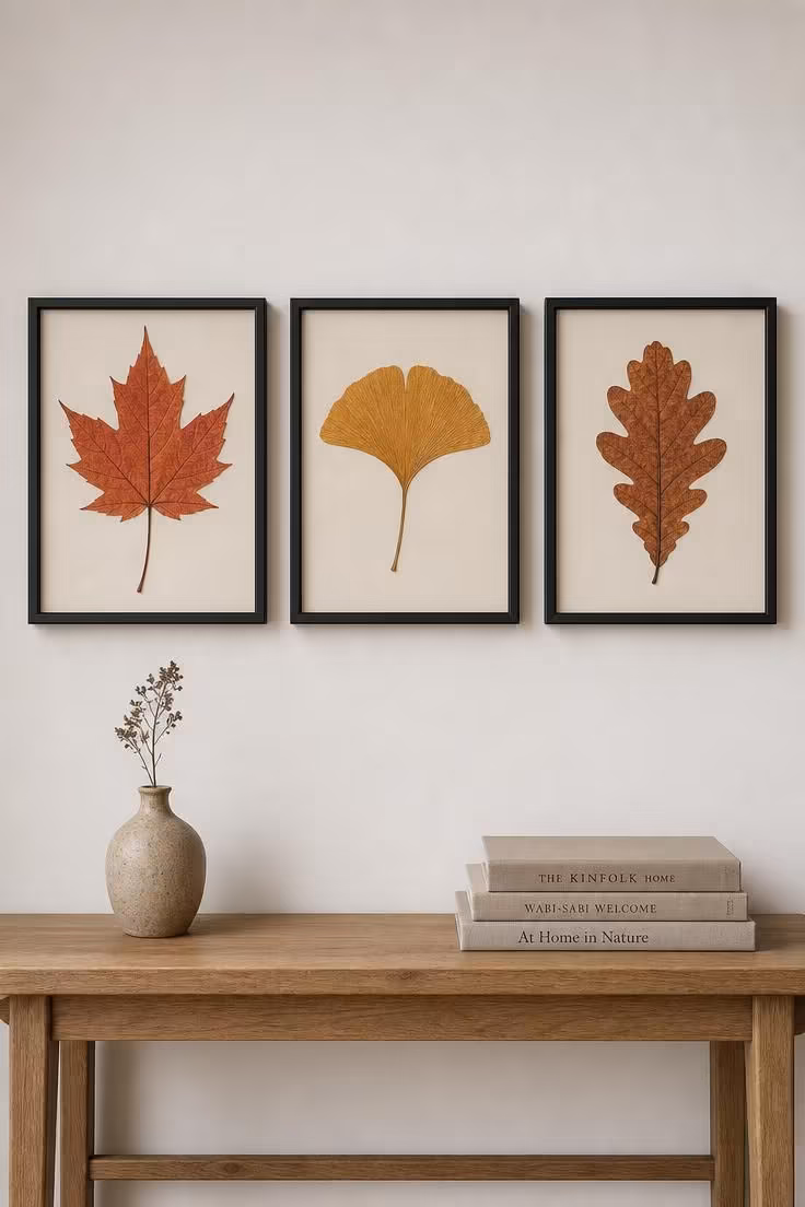 15 Classy Fall Decor Ideas That Feel Collected and Warm 13 Three pressed autumn leaves in slim black frames hung horizontally above an oak console table