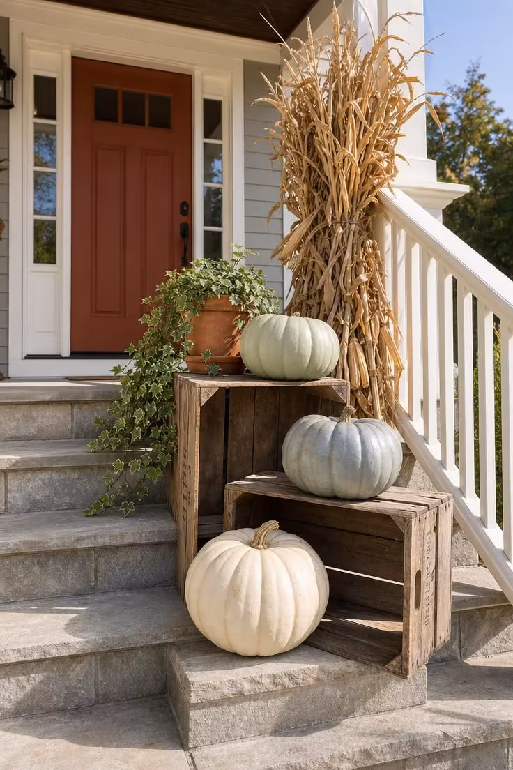 15 Classy Fall Decor Ideas That Feel Collected and Warm 14 Heirloom pumpkins in sage, dusty blue, and cream stacked on weathered wooden crates beside porch steps