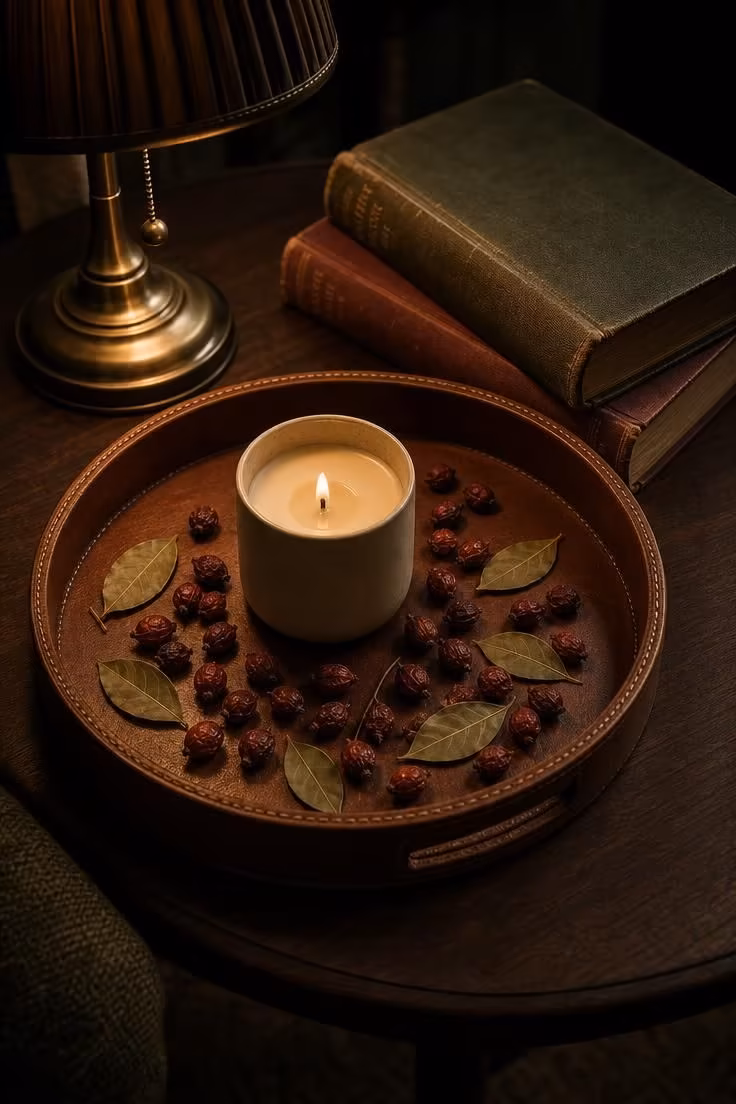 15 Classy Fall Decor Ideas That Feel Collected and Warm 15 Hand-poured candle in a ceramic vessel on a leather tray with dried rosehips and bay leaves on a walnut coffee table