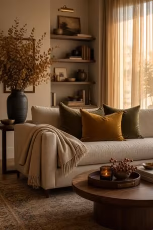 Fall-styled living room corner with velvet pillows, dried eucalyptus, cashmere throw, and a leather tray candle arrangement in warm golden light