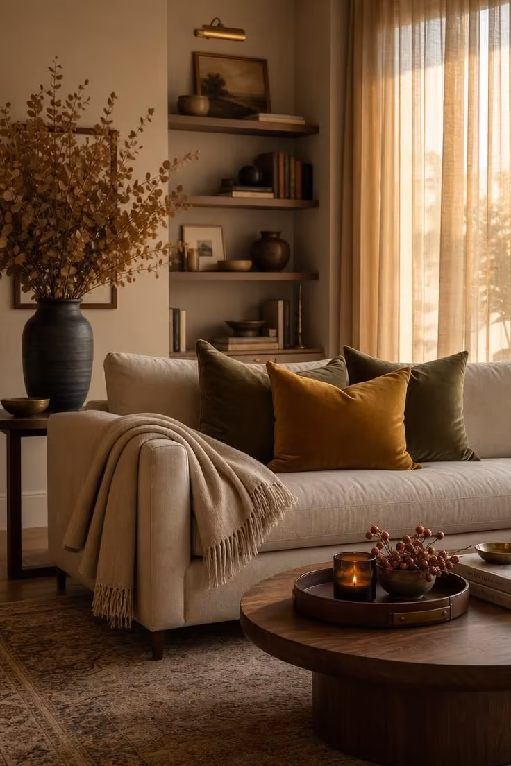 Simple Spaces 17 Fall-styled living room corner with velvet pillows, dried eucalyptus, cashmere throw, and a leather tray candle arrangement in warm golden light