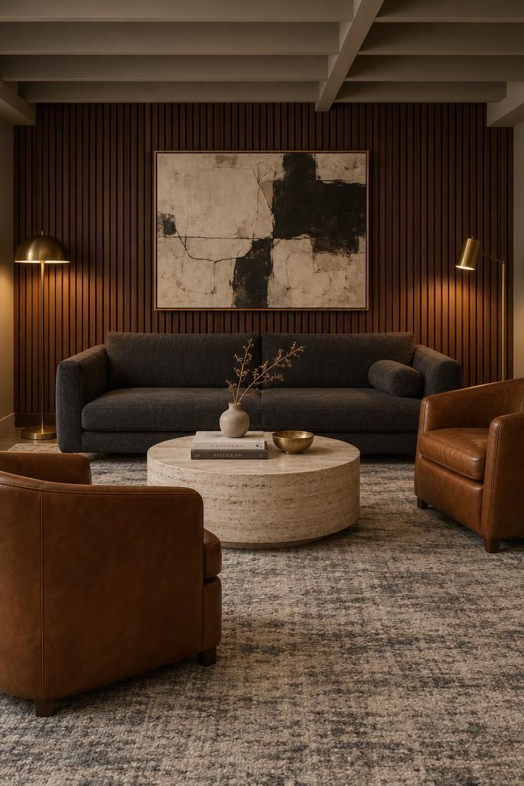 15 Cozy Classy Man Cave Ideas to Make Your Retreat 1 Basement lounge with a vertical walnut slat accent wall, charcoal sofa, two cognac leather club chairs, a round travertine coffee table, an abstract painting, a cream and gray wool rug, and two brass floor lamps.
