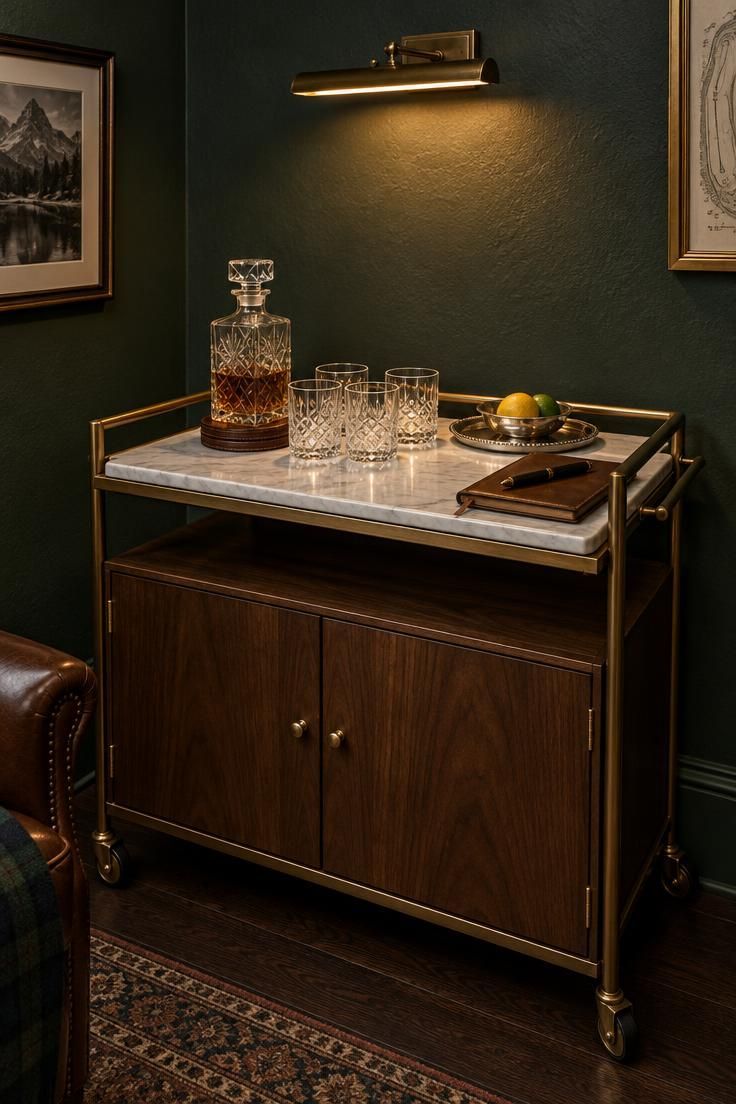 15 Cozy Classy Man Cave Ideas to Make Your Retreat 2 Dark green wall corner with a brass and walnut bar cart topped in honed marble, holding a decanter, four rocks glasses, a small silver tray, and a leather notebook under a warm picture light.