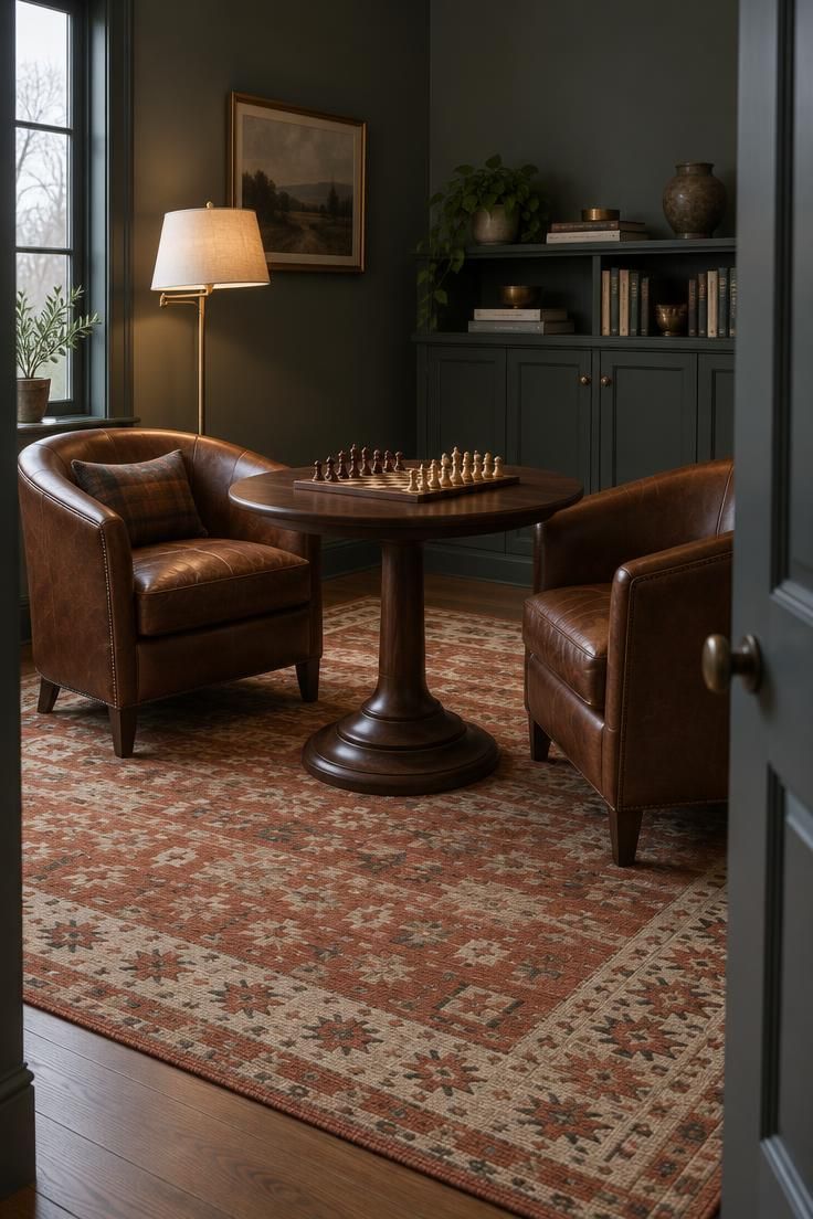 15 Cozy Classy Man Cave Ideas to Make Your Retreat 4 Two tobacco leather club chairs facing each other across a round walnut game table with a chess set, on a rust-and-ivory wool rug with a brass floor lamp behind the left chair.