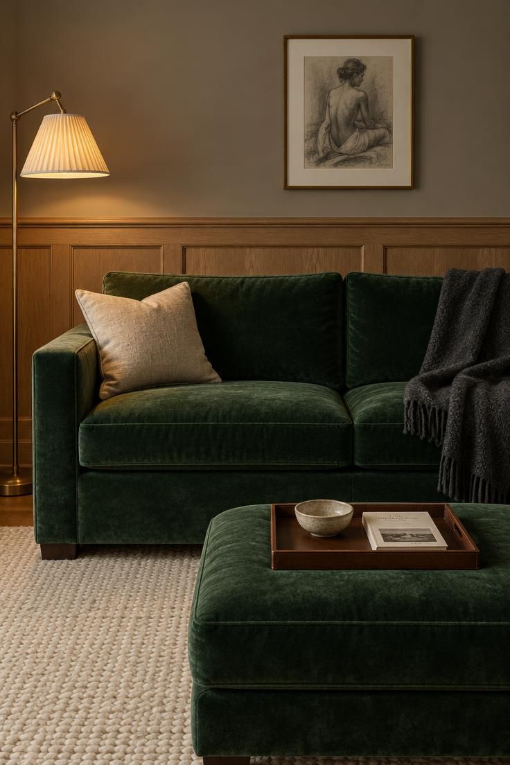15 Cozy Classy Man Cave Ideas to Make Your Retreat 5 Emerald green velvet sofa and ottoman against warm oak paneling with greige paint above, a brass floor lamp, an oatmeal linen pillow, a charcoal throw, and a leather ottoman tray holding a bowl and a paperback.