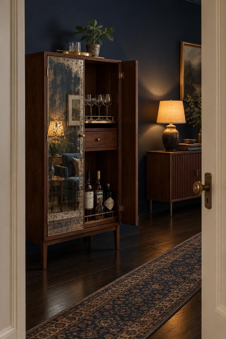15 Cozy Classy Man Cave Ideas to Make Your Retreat 6 Tall walnut bar cabinet with an antique mirror front against a deep navy wall, one door open to show bottles and glassware, with a brass tray, a potted fig, and a warm table lamp glowing across the room.