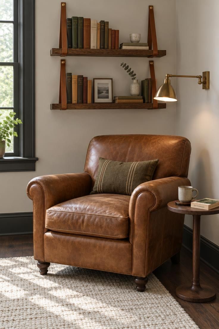 15 Cozy Classy Man Cave Ideas to Make Your Retreat 7 Tan leather reading chair beneath two oak shelves hung from leather straps, holding clothbound books, a small framed photograph, and a ceramic cup, with a brass swing-arm sconce above and a walnut side table.